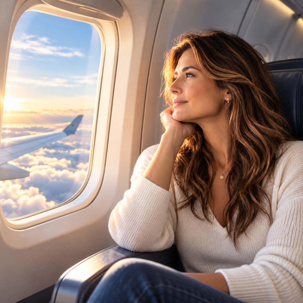Woman sitting calmly by an airplane window during a flight