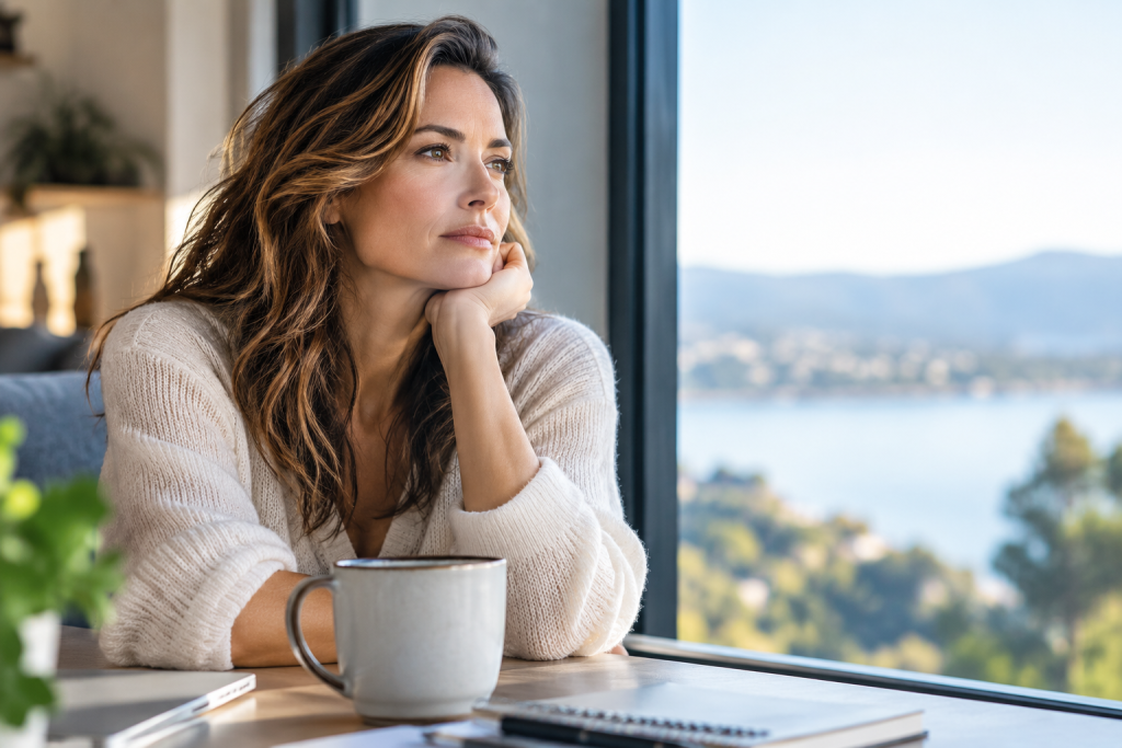 Woman sitting thoughtfully by a window while experiencing overthinking