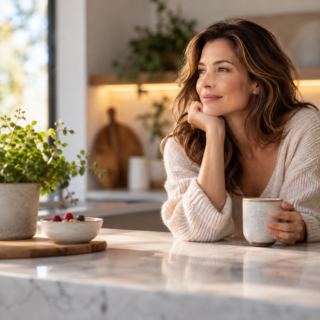 Woman reflecting on eating habits while exploring hypnosis for weight management