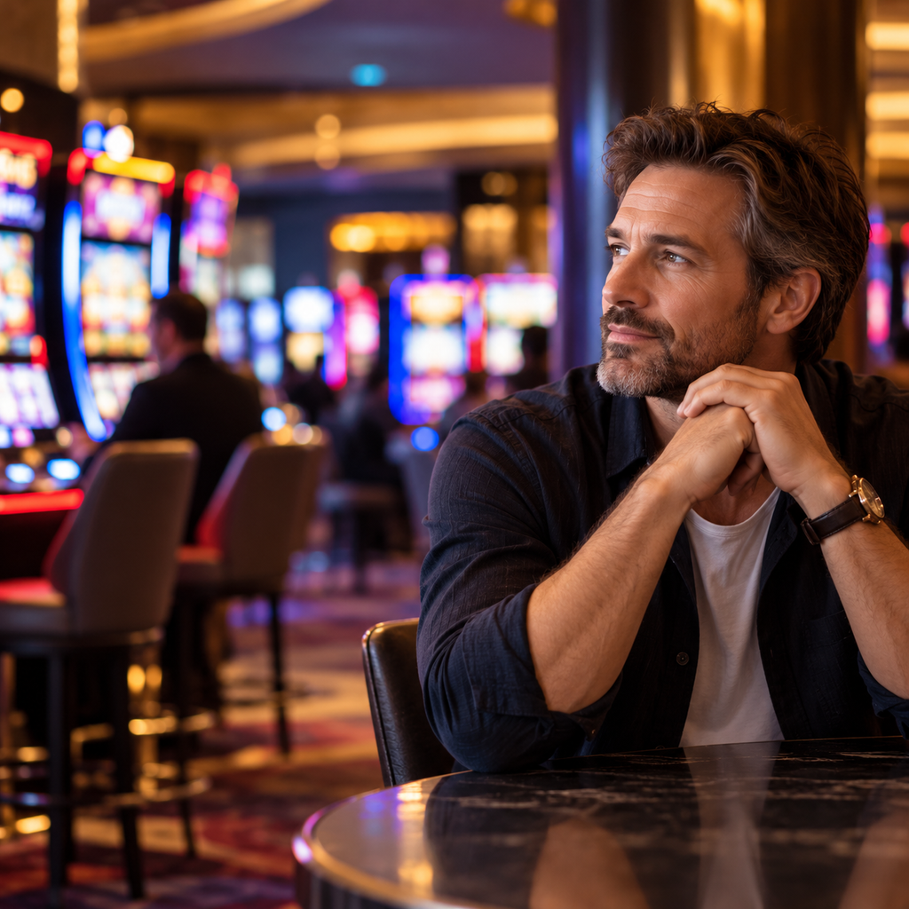 Man reflecting in a gaming venue while exploring hypnosis for gambling and pokies