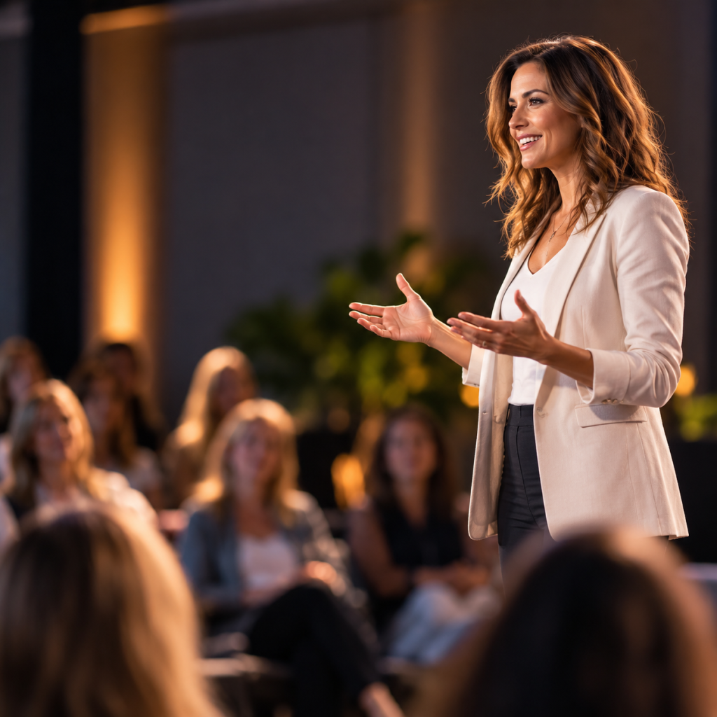 Woman speaking confidently to an audience while exploring hypnosis for public speaking